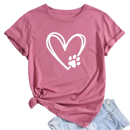 2024 Summer Women's T-shirt Plus Size Heart and Dog Footprint Printed Top Soft and Elastic Casual Shirt Street Fashion Clothing