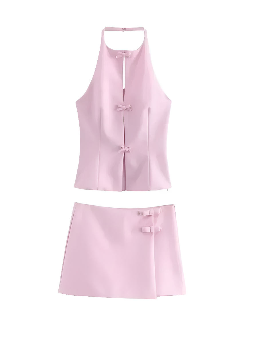 Pink Bow Halter Crop Top and Asymmetrical Shorts Set
