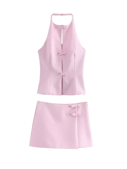 Pink Bow Halter Crop Top and Asymmetrical Shorts Set
