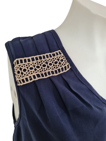 Dark Blue Sleeveless Cotton Top designed with lace woven strap patchwork and buttons