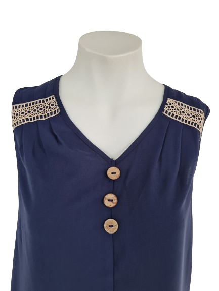 Dark Blue Sleeveless Cotton Top designed with lace woven strap patchwork and buttons