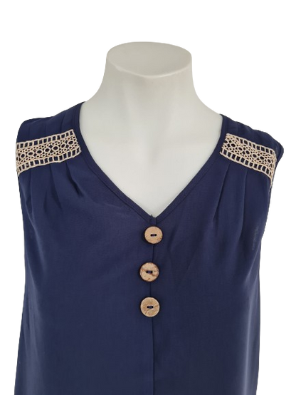 Dark Blue Sleeveless Cotton Top designed with lace woven strap patchwork and buttons