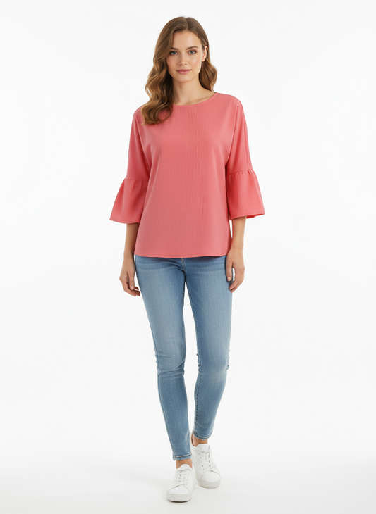 Solid Flare Sleeve Blouse in stunning watermelon pink