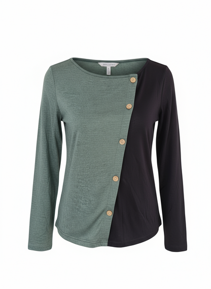 Soft, breathable long sleeve top with decorative buttons