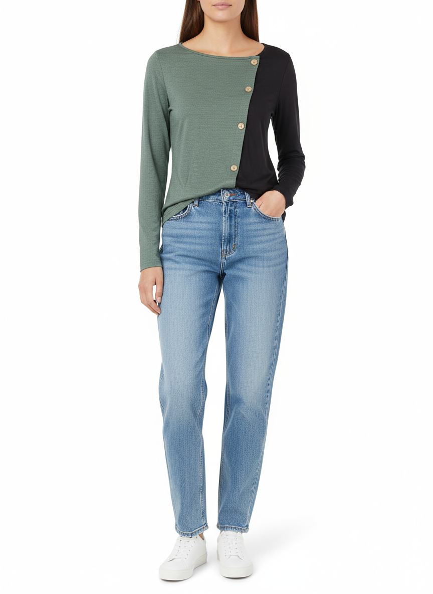 Soft, breathable long sleeve top with decorative buttons