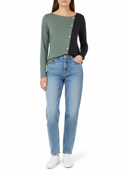 Soft, breathable long sleeve top with decorative buttons